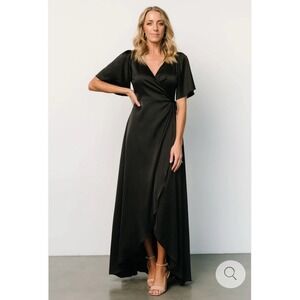 Baltic Born Women's Vara Satin Maxi Wrap Dress Size 3XL Black Flutter Sleeve NWT
